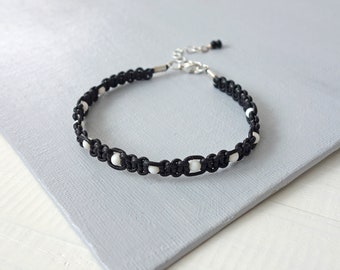 Bracelet en cuir macramé perles de verre blanches Bracelet en cuir noir Bracelet cordon en cuir de perles nouées pour homme pour femme