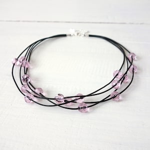 Statement Leather Choker Necklace Layered Sparkly Pink Glass Beads Black Leather Cords Necklace Cool Style Multi Strand Choker for Women
