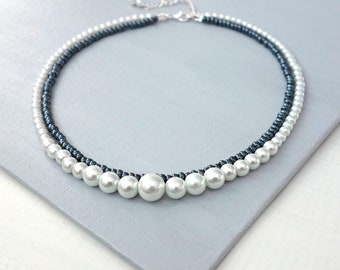 Layered Choker Necklace Pearly White Glass Beads Metallic Gray Seed Beads Jewelry for Women