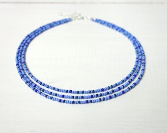 Layered Beaded Choker Necklace Multi Stranded Blue Seed Beads Necklace for Women