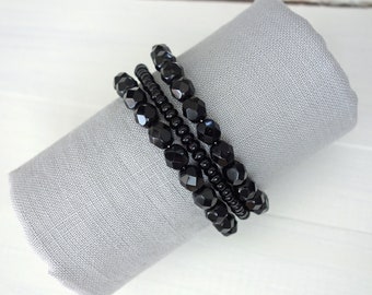 Layered Beaded Cuff Bracelet Black Faceted Glass Beads Multi Strand Memory Wire Cuff Bracelet for Women