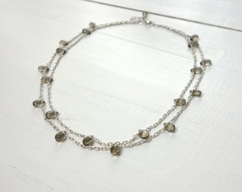 Layered Chain Necklace Smoky Grey Glass Drops Double Strand Dainty Chain Necklace for Women