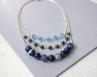 Stacking Necklace Set Blue Sodalite Gray Hematite Stones Glass Beads Layering Jewelry for Women