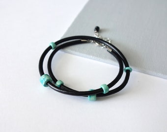 Leather Wrap Bracelet Black Cord Turquoise Ceramic Beads Leather Bracelet for Men for Women