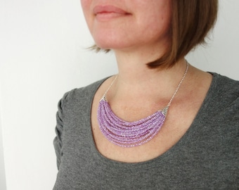 Multi Strand Statement Bib Necklace Purple Seed Beads Layered Jewelry for Women