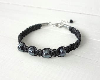 Unisex Macrame Leather Bracelet Gray Glass Beads Black Cord Jewelry for Men for Women