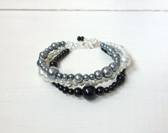 Multi Strand Beaded Bracelet Pearly White Gray Black Glass Beads Layered Bracelet for Women