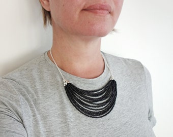 Multi Stranded Black Bib Necklace Small Seed Beads Statement Layered Necklace Black Beaded Necklace for Woman