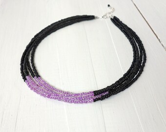 Multi Strand Beaded Choker Necklace Black Purple Seed Beads Layered Collar Jewelry for Women