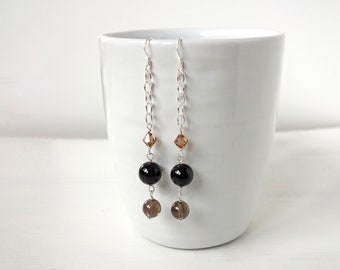 Silver Dangle Earrings Smoky Quartz Onyx Stone Swarovski Crystal Long Silver Earrings Brown Black Bead Sterling Silver Earrings for Woman