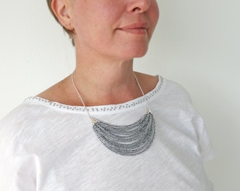 Layered Statement Bib Necklace Black Gray Seed Beads Multi Strand Jewelry for Women