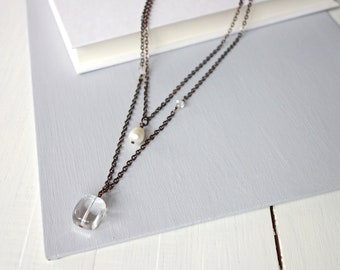 Long Copper Chain Necklace White Freshwater Pearl Clear Quartz Pendants Brown Copper Double Strand Long Necklace for Women