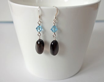 Silver Earrings Smoky Quartz Stone Blue Swarovski Crystals Dangle Earrings Elegant Brown Blue Earrings for Women