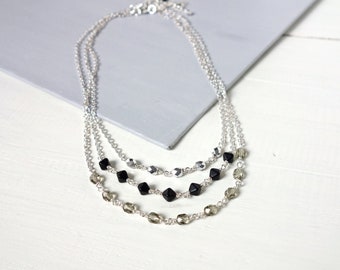 Stacking Chain Necklace Set Smoky Gray Silvery Black Glass Beads Three Layering Necklaces for Women