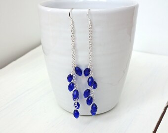 Royal Blue Long Dangle Earrings Faceted Glass Beads Dainty Chain Elegant Jewelry for Women