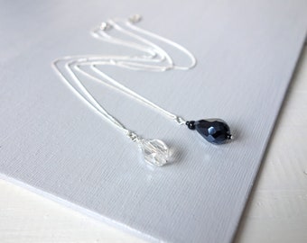 Silver Chain Necklaces Set Sparkly Clear Black Drop Pendants Silver Necklace Set of Two Layering Necklaces for Women