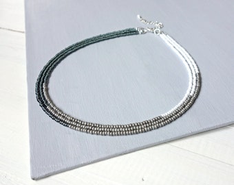 Layered Choker Necklace Ombre Gray White Seed Beads Minimalist Multi Strand Beaded Necklace for Women