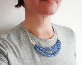 Blue Beaded Bib Necklace Multi Stranded Seed Beads Necklace Layered Blue Bib Necklace for Women
