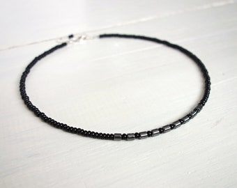 Unisex Beaded Necklace Black Glass Beads Grey Hematite Stones Choker Necklace Rocker Style Jewelry for Men for Women