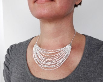 Layered White Seed Beads Bib Necklace Multi Strand White Statement Necklace for Women