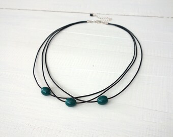 Layered Leather Necklace Green Glass Beads Black Cords Rocker Chic Jewelry for Women