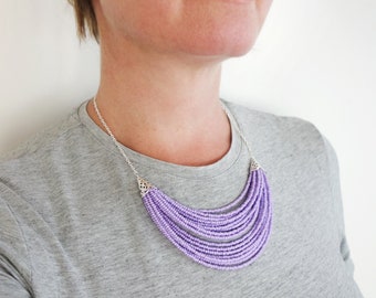 Statement Bib Necklace Layered Lavender Purple Seed Beads Multi Strand Beaded Jewelry for Woman