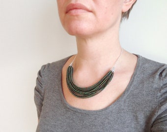 Green Bib Necklace Multi Strand Seed Beads Statement Necklace Layered Beaded Bib Necklace for Women