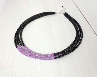 Multi Strand Beaded Choker Necklace Black Purple Seed Beads Layered Collar Necklace for Women