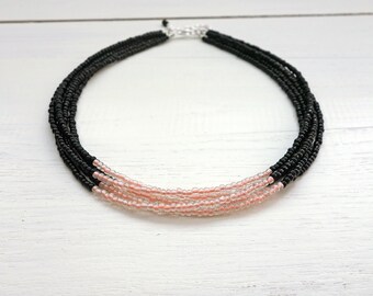 Multi Stranded Beaded Choker Necklace Black Salmon Pink Seed Beads Choker Layered Beaded Necklace for Women