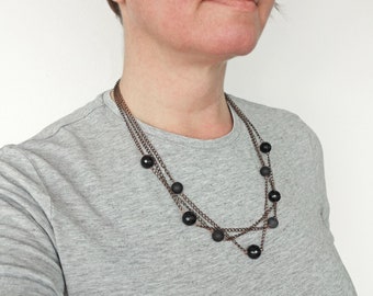 Multi Stranded Necklace Layered Copper Chains Black Stones Necklace Layering Brown Chain Onyx Stones Necklace for Women