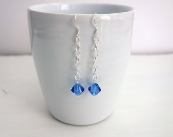 Silver Dangle Earrings Large Blue Swarovski Crystal Long Silver Earrings for Women