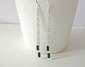 Layered Long Earrings Black Beads Double Chains Minimalist Dangle Earrings for Women