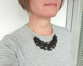 Layered Smoky Quartz Bib Necklace Black Seed Beads Statement Jewelry for Women
