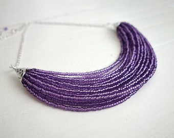 Purple Bib Necklace Multi Stranded Seed Beads Lavender Purple Layered Statement Bib Necklace for Women
