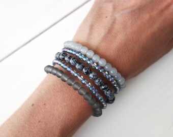 Layered Cuff Bracelet Snowflake Obsidian Stones Gray Glass Beads Memory Wire Multi Stranded Statement Cuff Bracelet for Women