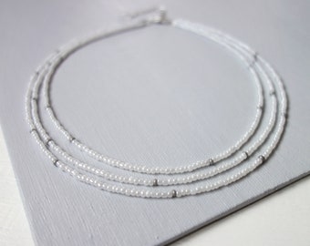 White Layered Choker Necklace Seed Beads Multi Strand Minimalist Jewelry for Women