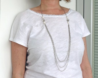 Long Layered Chain Necklace Faceted Grey Glass Beads White Freshwater Pearls Multi Strand Chains Long Necklace for Women