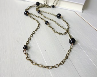 Long Vintage Style Chain Wrap Necklace Black Onyx Stones Long Necklace Chunky Cable Chain Necklace for Women