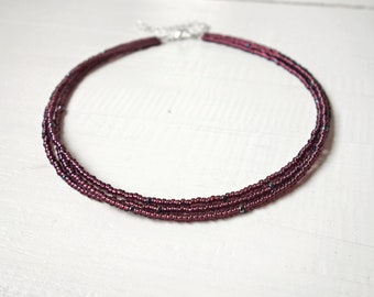 Multi Strand Seed Beads Choker Necklace Purple Layered Beaded Collar Necklace for Women