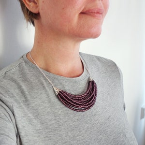 Layered Beaded Bib Necklace Amethyst Purple Glass Beads Small Statement Jewelry for Women