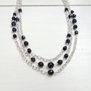 Layered Chain Necklace Black Faceted Glass Beads Chunky Statement Jewelry for Women