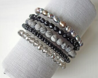 Multi Strand Cuff Bracelet Peacock Pearls Gray Agate Stones Black Glass Beads Statement Jewelry