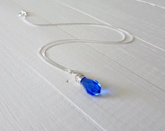 Silver Chain Necklace Blue Swarovski Crystal Drop Pendant Silver Necklace Sterling Silver Curb Chain Necklace for Women