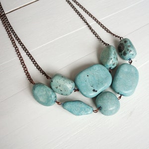 Chunky Beads Necklace Turquoise Clay Beads Layered Copper Chains Statement Necklace Multi Stranded Chunky Bib Necklace for Women image 4