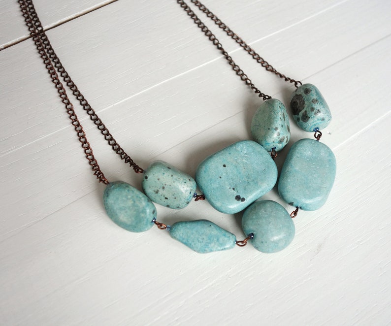 Chunky Beads Necklace Turquoise Clay Beads Layered Copper Chains Statement Necklace Multi Stranded Chunky Bib Necklace for Women image 4