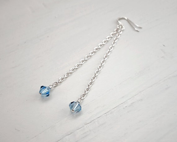 Long Chain Earrings Blue Swarovski Crystals Long Dangle | Etsy