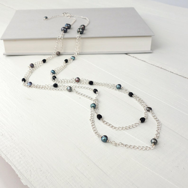 Double Chain Necklace Peacock Freshwater Pearls Black Glass Beads Long Necklace for Women image 3
