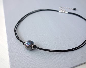 Black Leather Choker Necklace Gray Ceramic Bead Rocker Chic Jewelry For Woman