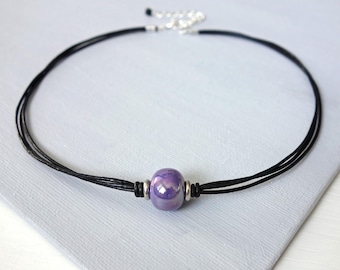 Leather Choker Purple Ceramic Bead Black Cords Rocker Chic Necklace for Woman
