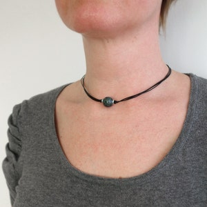 Black Leather Choker Necklace Marbled Ceramic Bead Green Blue Leather Necklace for Women image 4